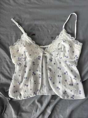 Shein White Floral Lace-Trim Camisole Top - White with Purple Flower Print